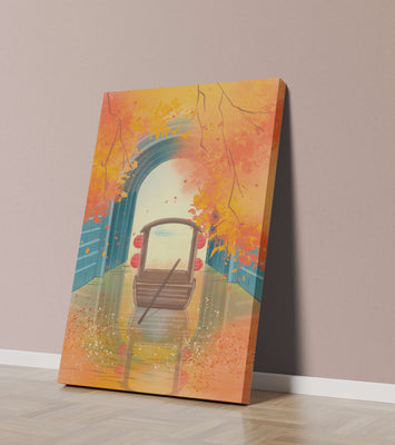 Serene autumn scene with archway and wooden boat