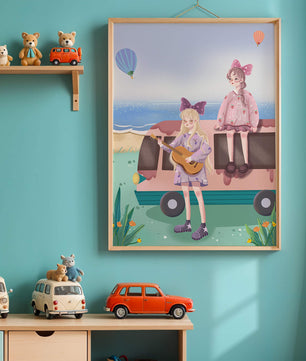 Serene beach scene with whimsical characters and hot air balloons