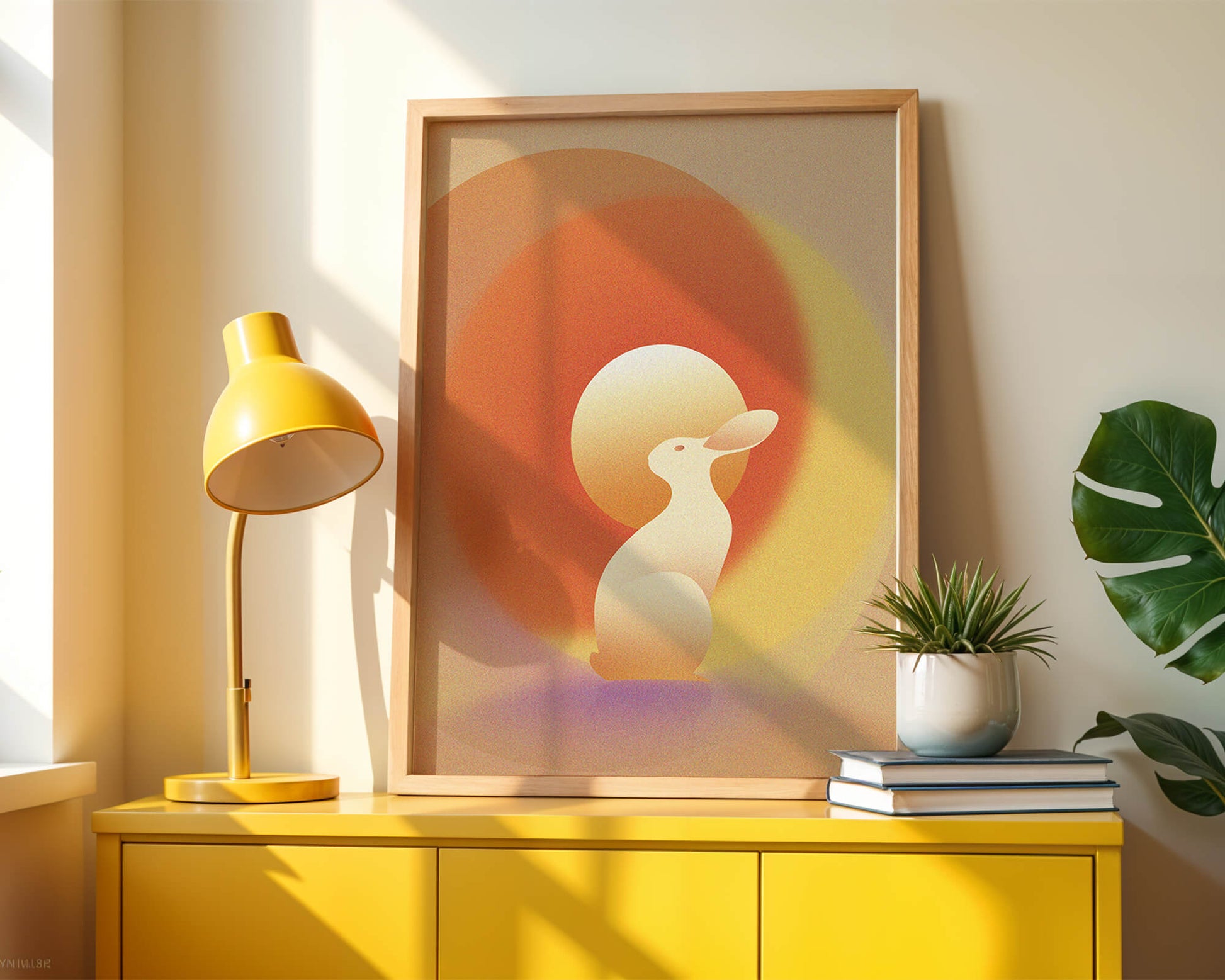 Majestic White Rabbit with Sun and Abstract Circles