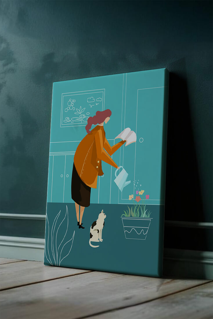 Mujer regando flores con un gato en un interior moderno