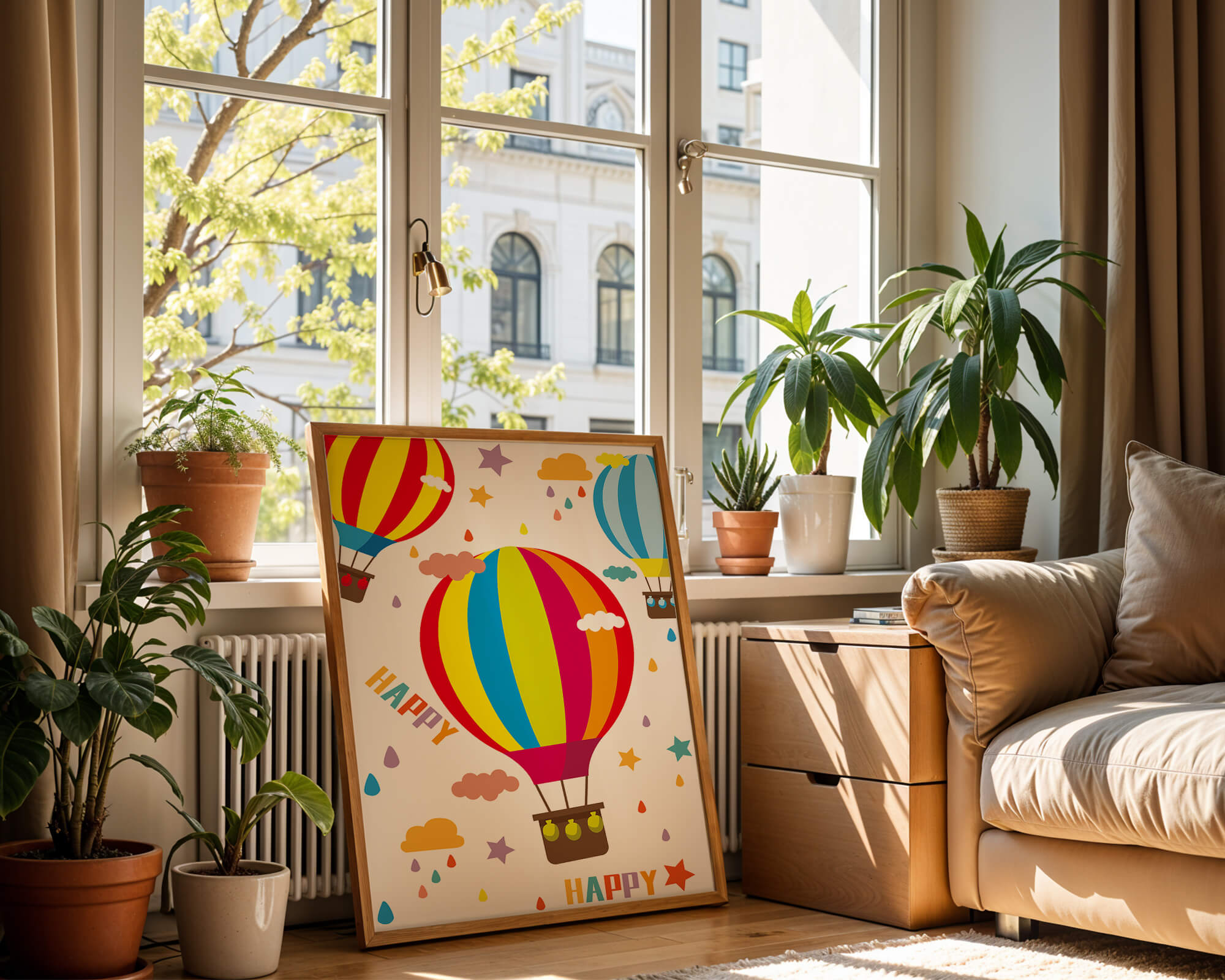 Colorful hot air balloons and happy clouds illustration