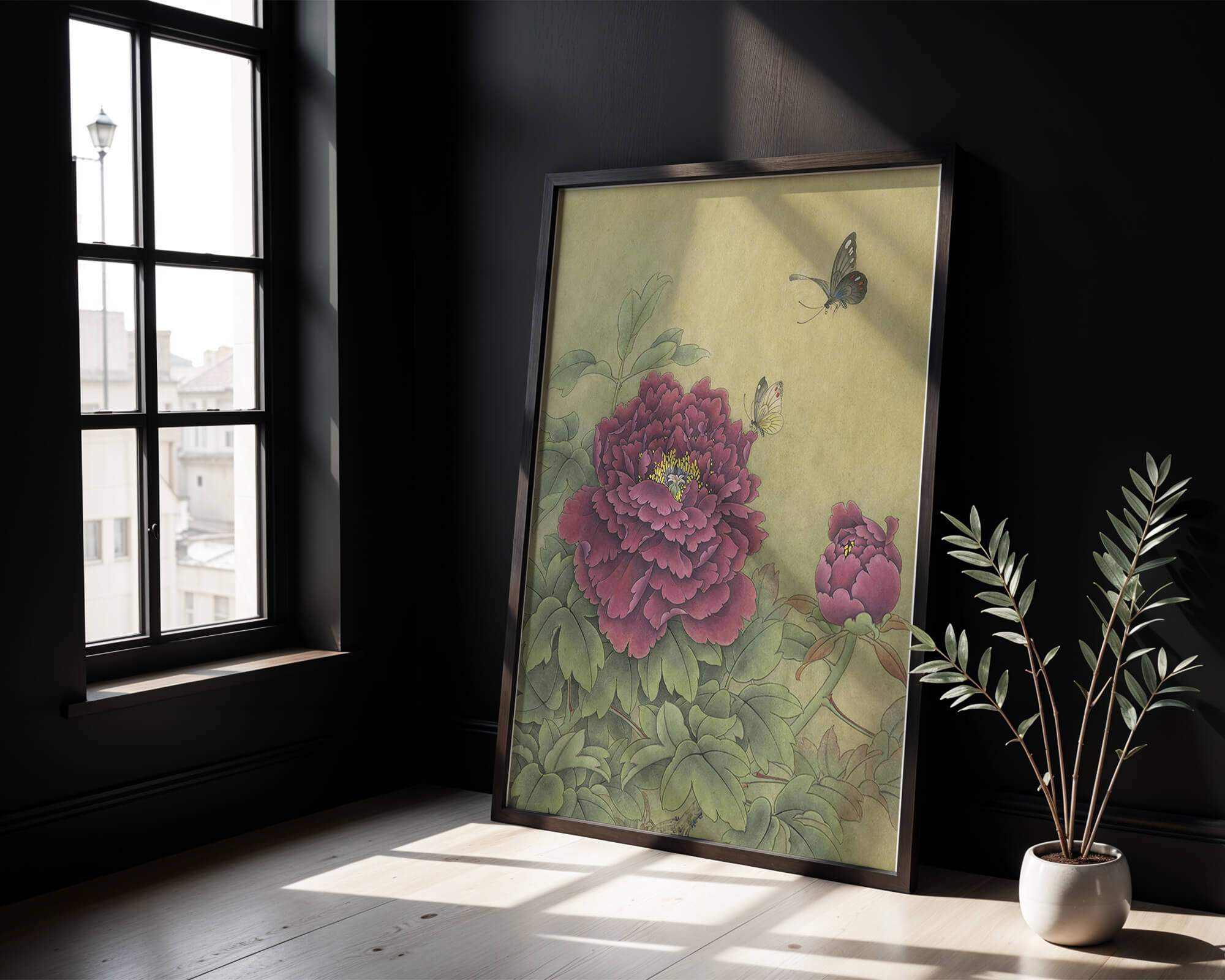 Delicate peonies with butterflies in a serene natural setting