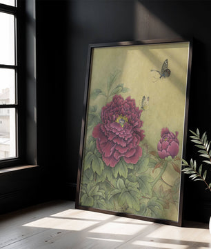 Delicate peonies with butterflies in a serene natural setting