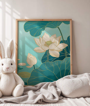 Lotus Flowers with Golden Accents on Aqua Background