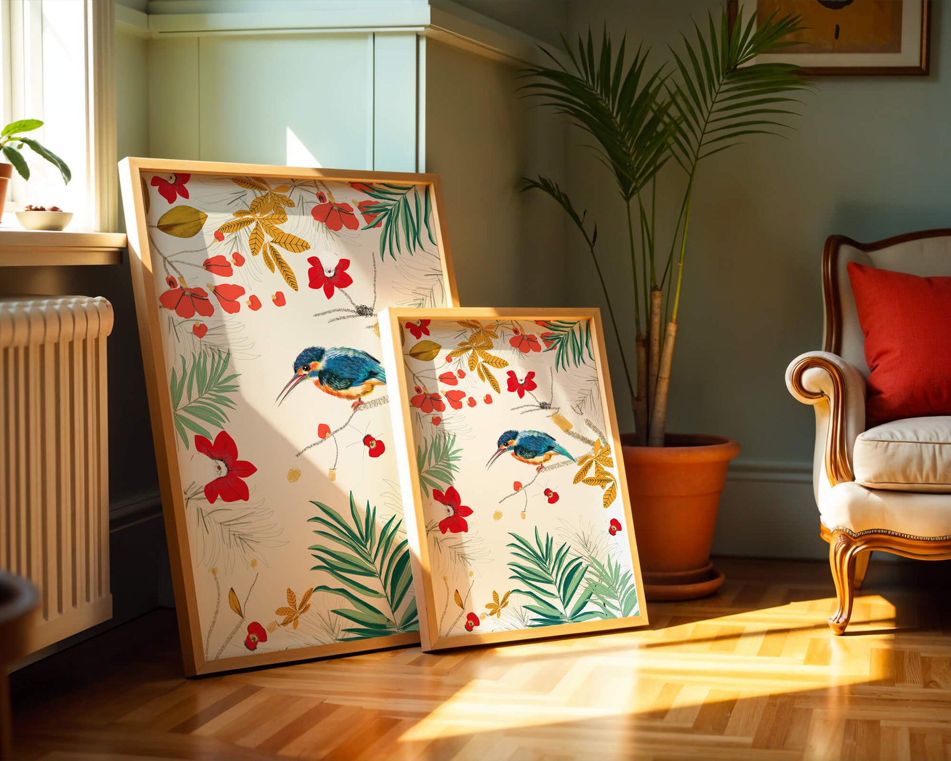 Oiseaux et feuillages colorés dans un décor botanique tropical