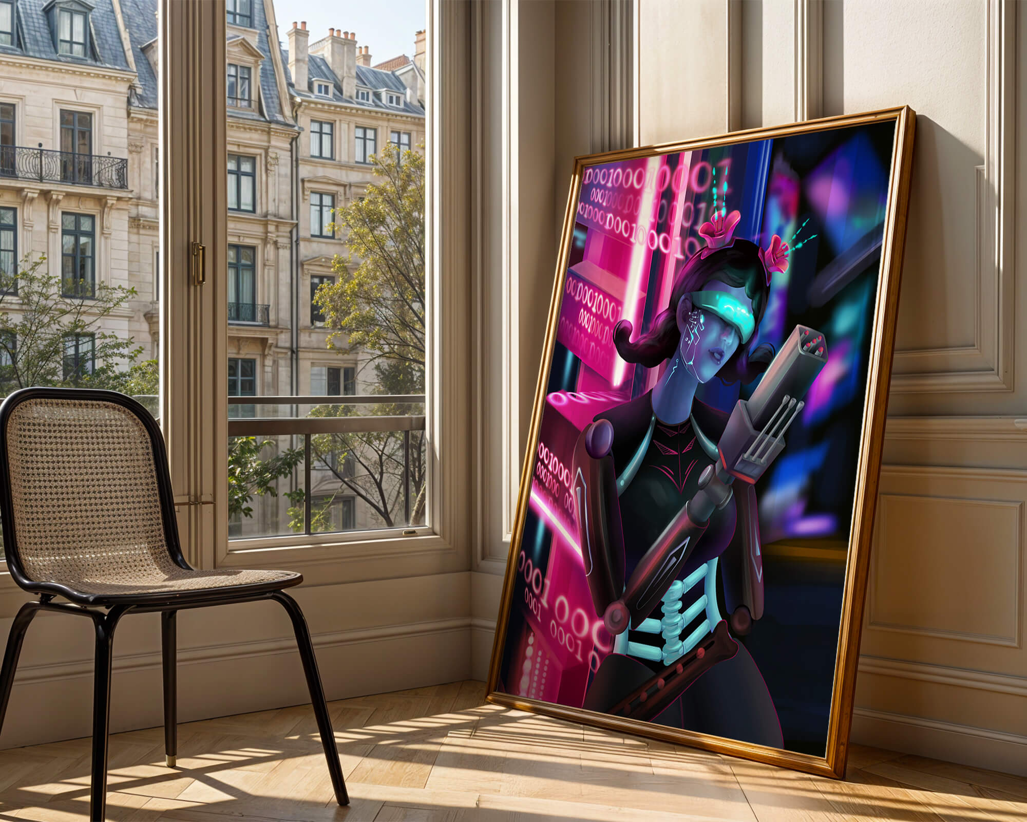 Futuristic Cyborg Woman in Digital Neon Landscape - Mi tienda