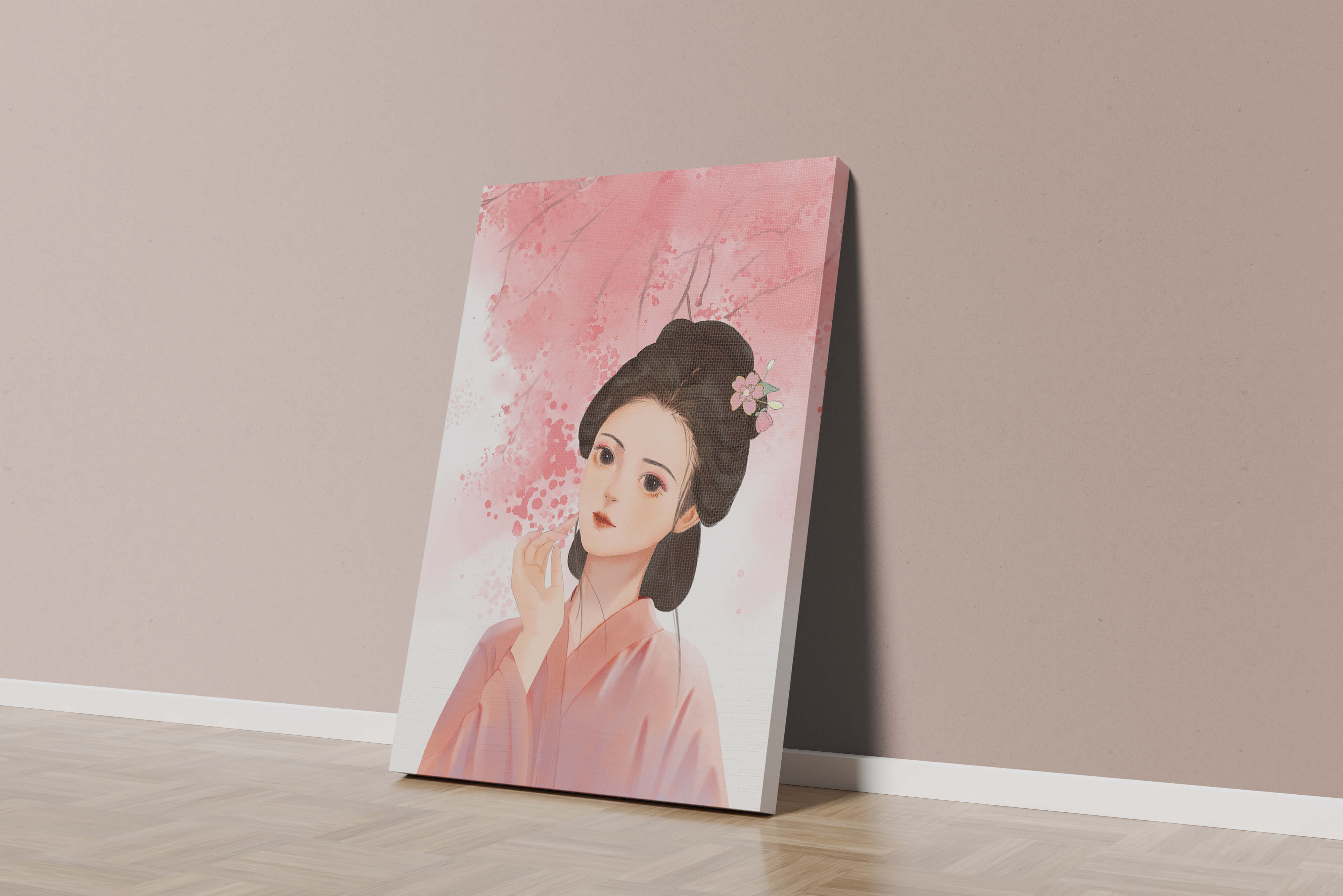 Traditional Japanese woman with pink cherry blossoms in the background