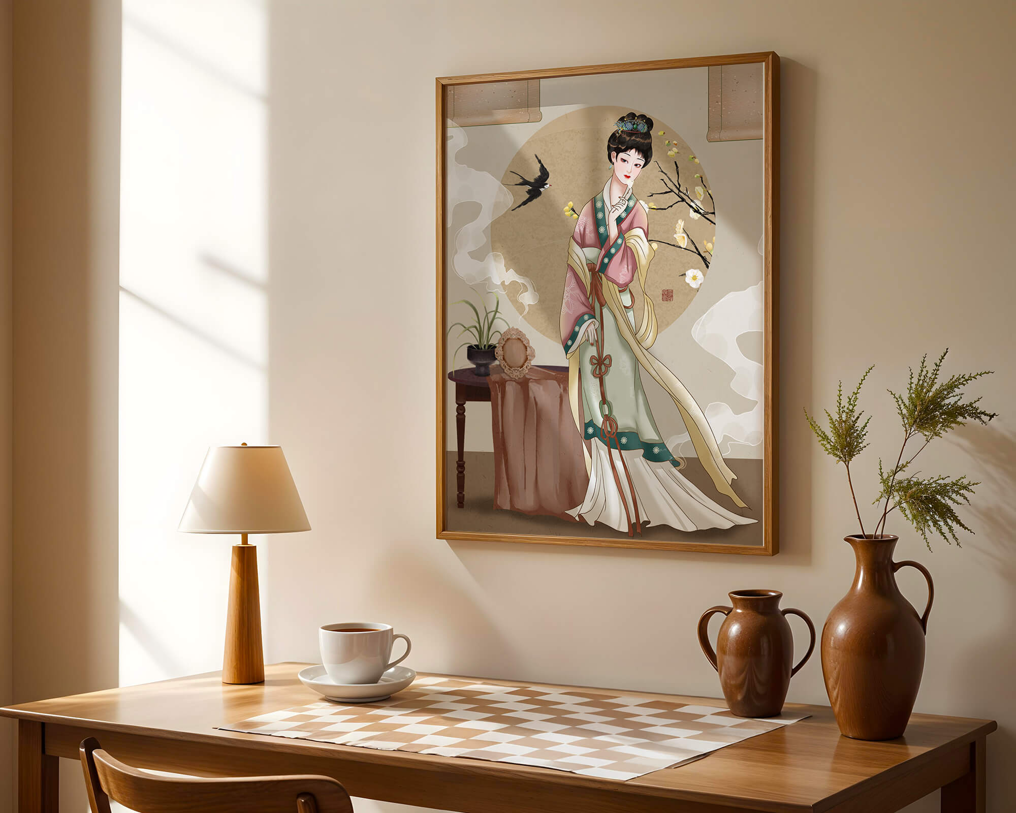 Elegant traditional Asian lady in classic attire with nature elements