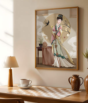 Elegante traditionelle asiatische Dame in klassischer Kleidung mit Naturelementen