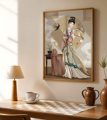 Elegant traditional Asian lady in classic attire with nature elements