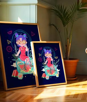 Personnage de dessin animé coloré avec des éléments futuristes