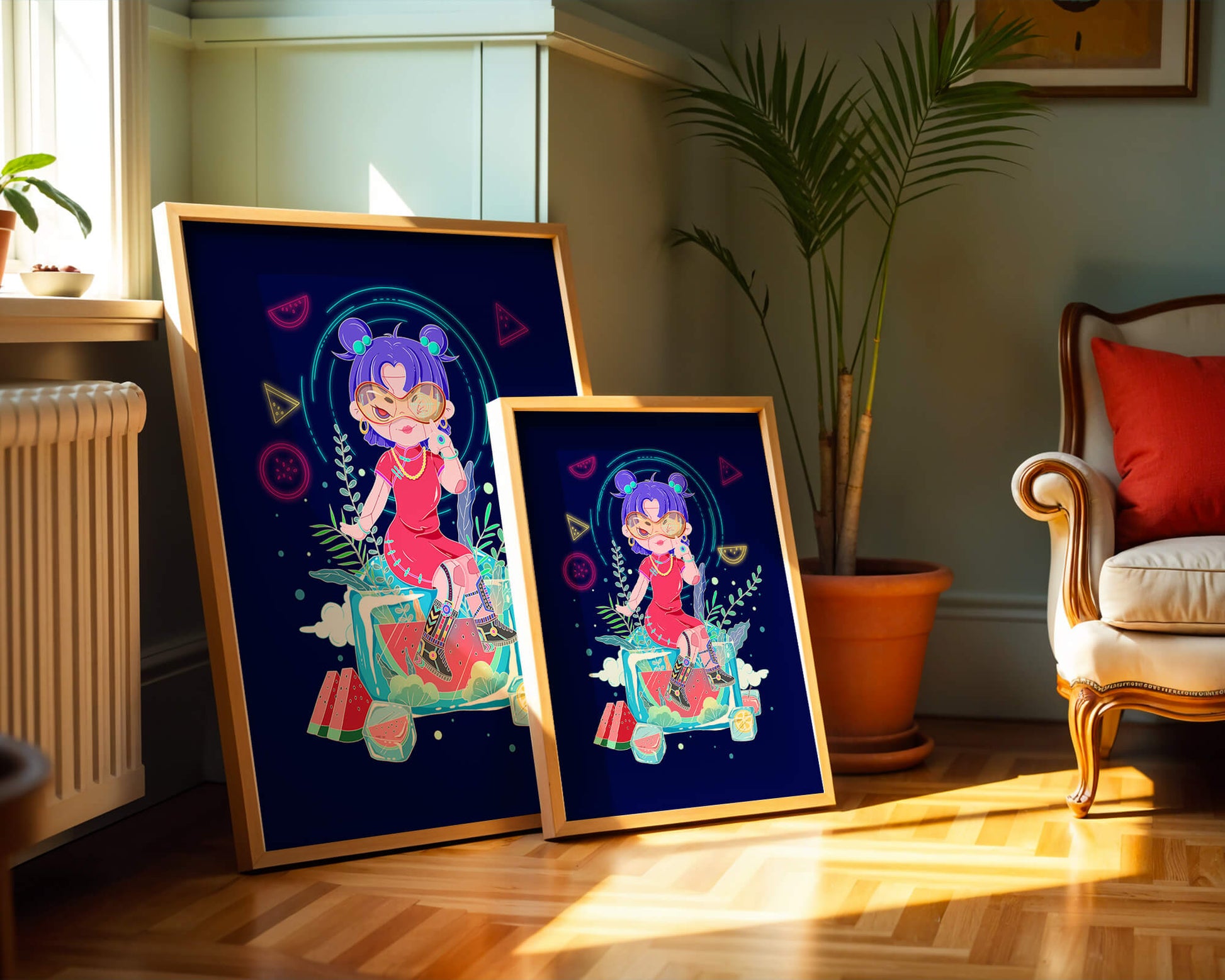 Personnage de dessin animé coloré avec des éléments futuristes