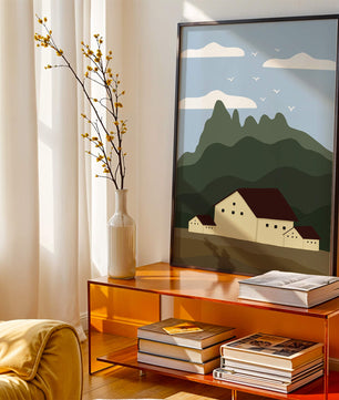 Paisaje minimalista de montaña con casas y pájaros en el cielo