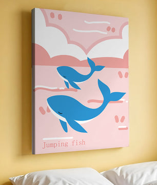 Playful whales illustration in pastel pink and blue