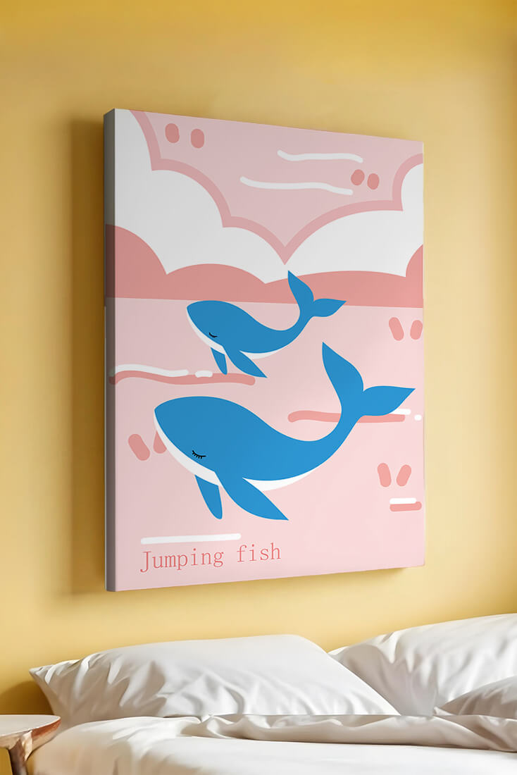 Playful whales illustration in pastel pink and blue