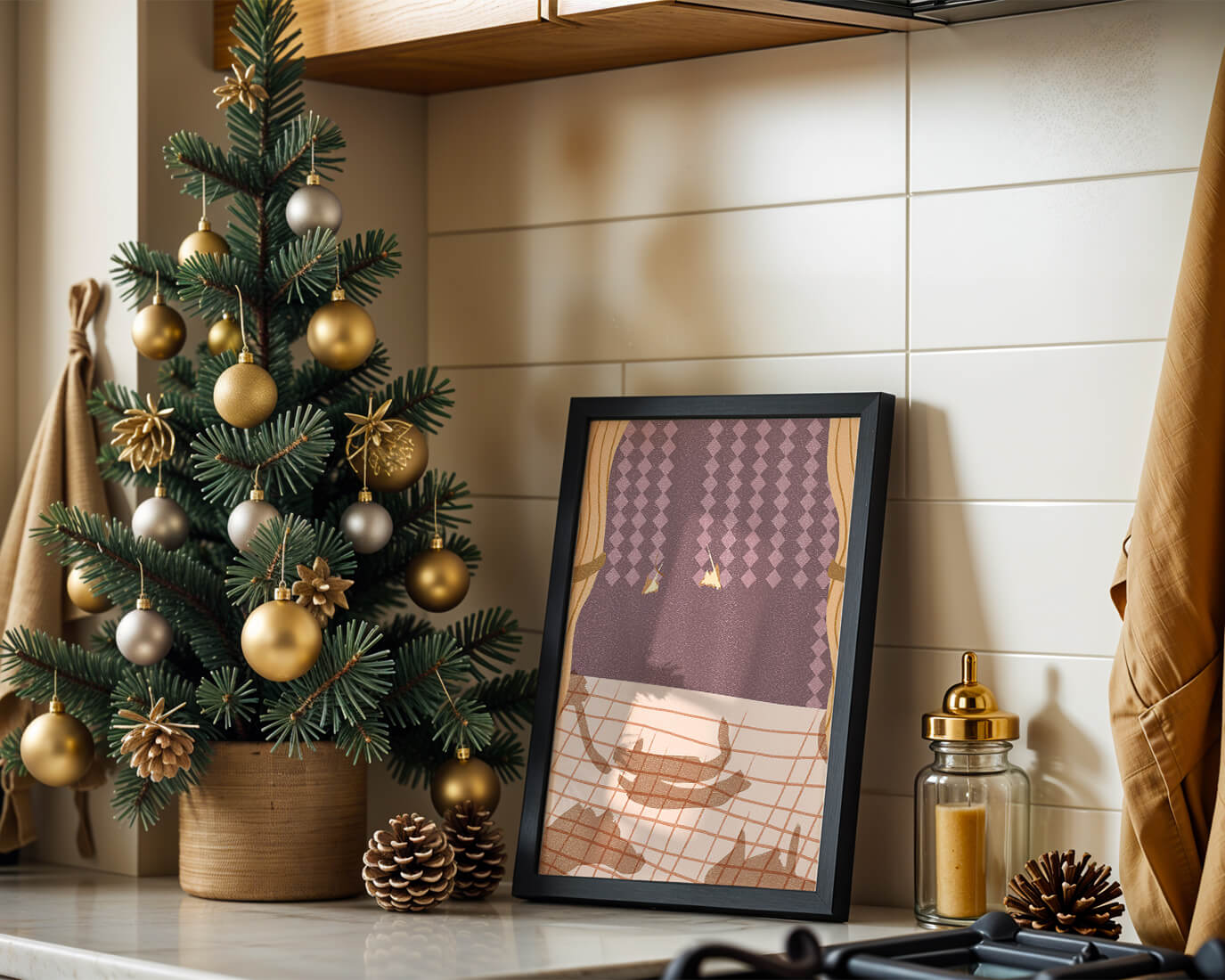 Abstract Interior with Cats' Shadows on Checkered Floor