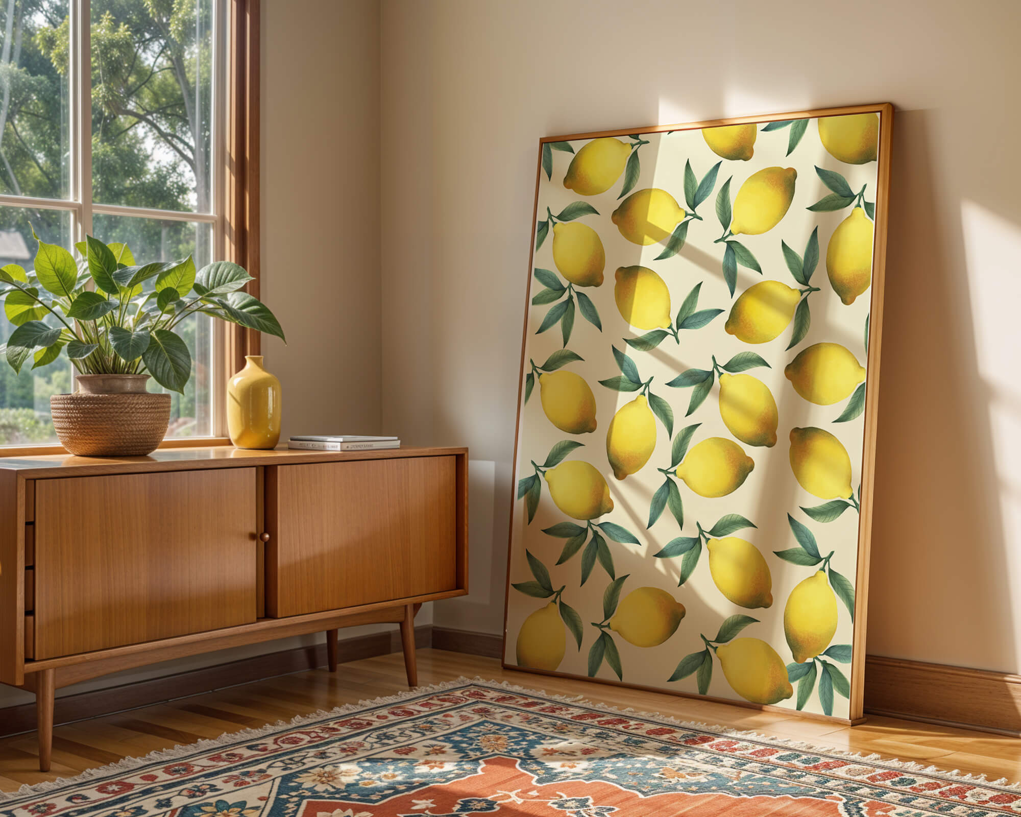 Vibrant lemon pattern with green leaves on a light background