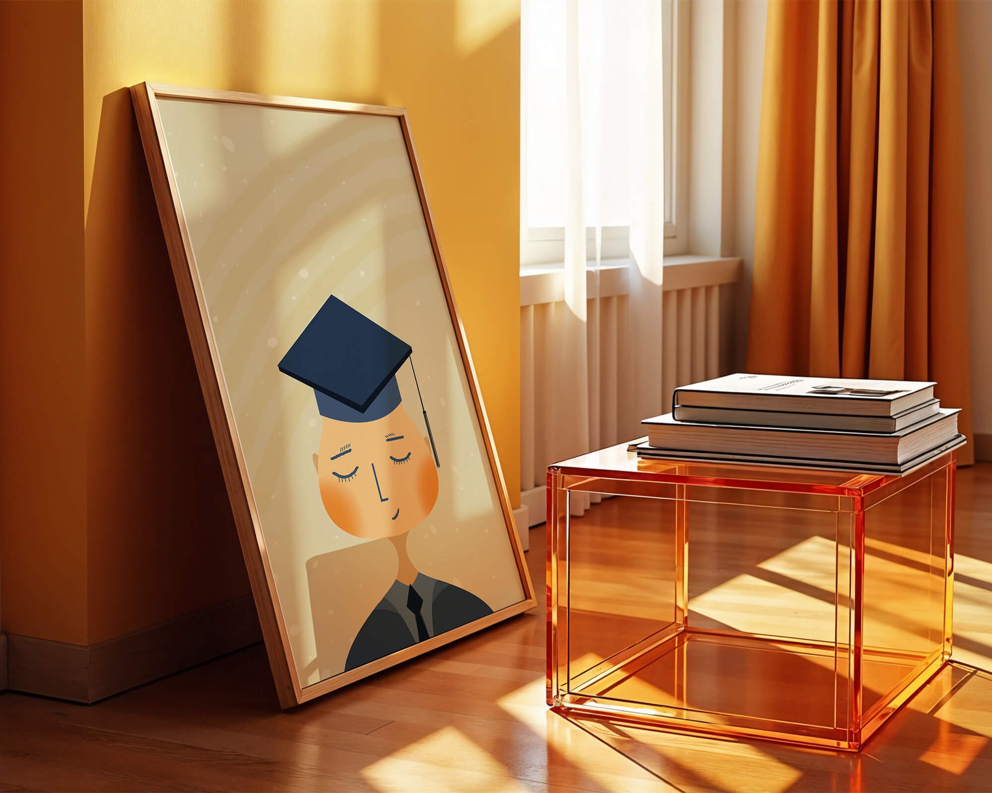 Illustration of a graduate with cap and closed eyes
