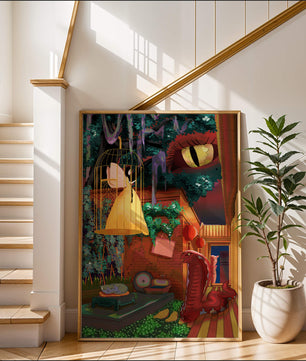 Jardín encantado con hada, serpiente y elementos misteriosos