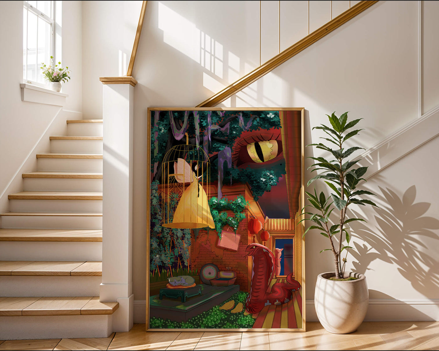 Enchanted garden with fairy, snake, and mysterious elements