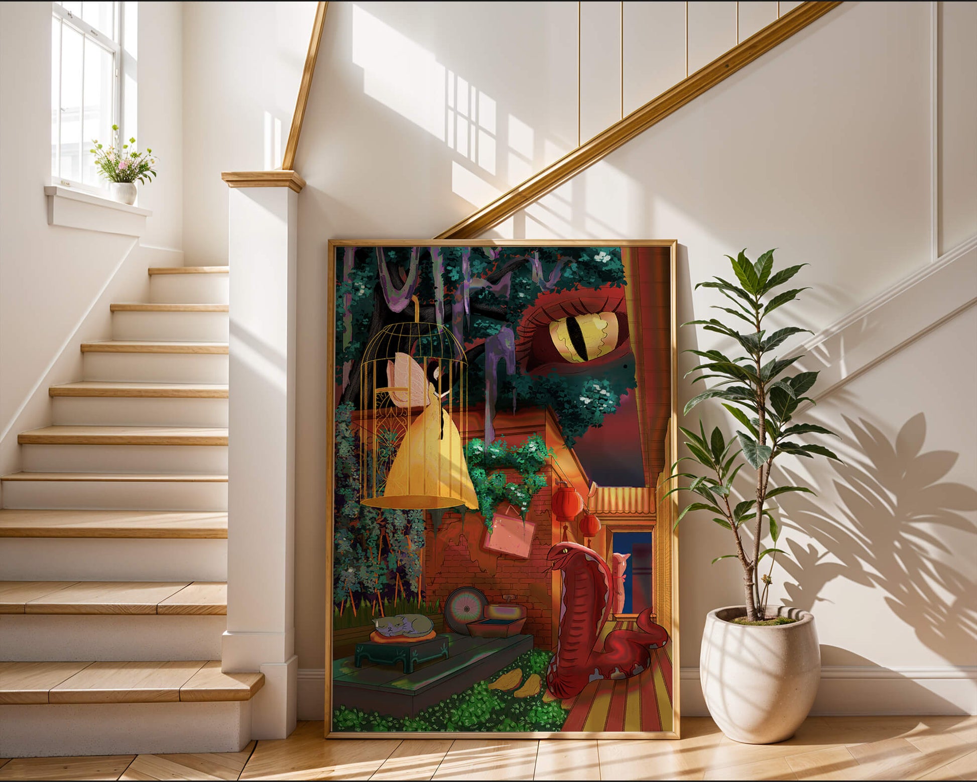 Enchanted garden with fairy, snake, and mysterious elements