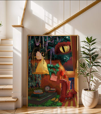 Enchanted garden with fairy, snake, and mysterious elements