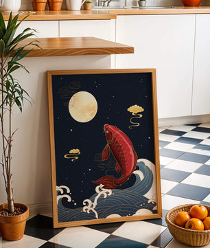 Traditional Japanese koi fish art with moonlit waves and clouds