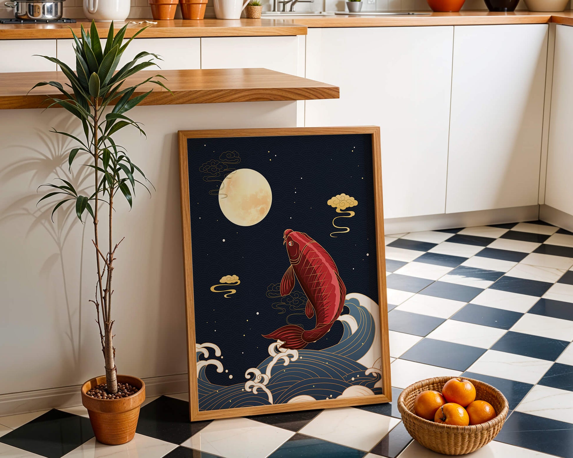 Traditional Japanese koi fish art with moonlit waves and clouds