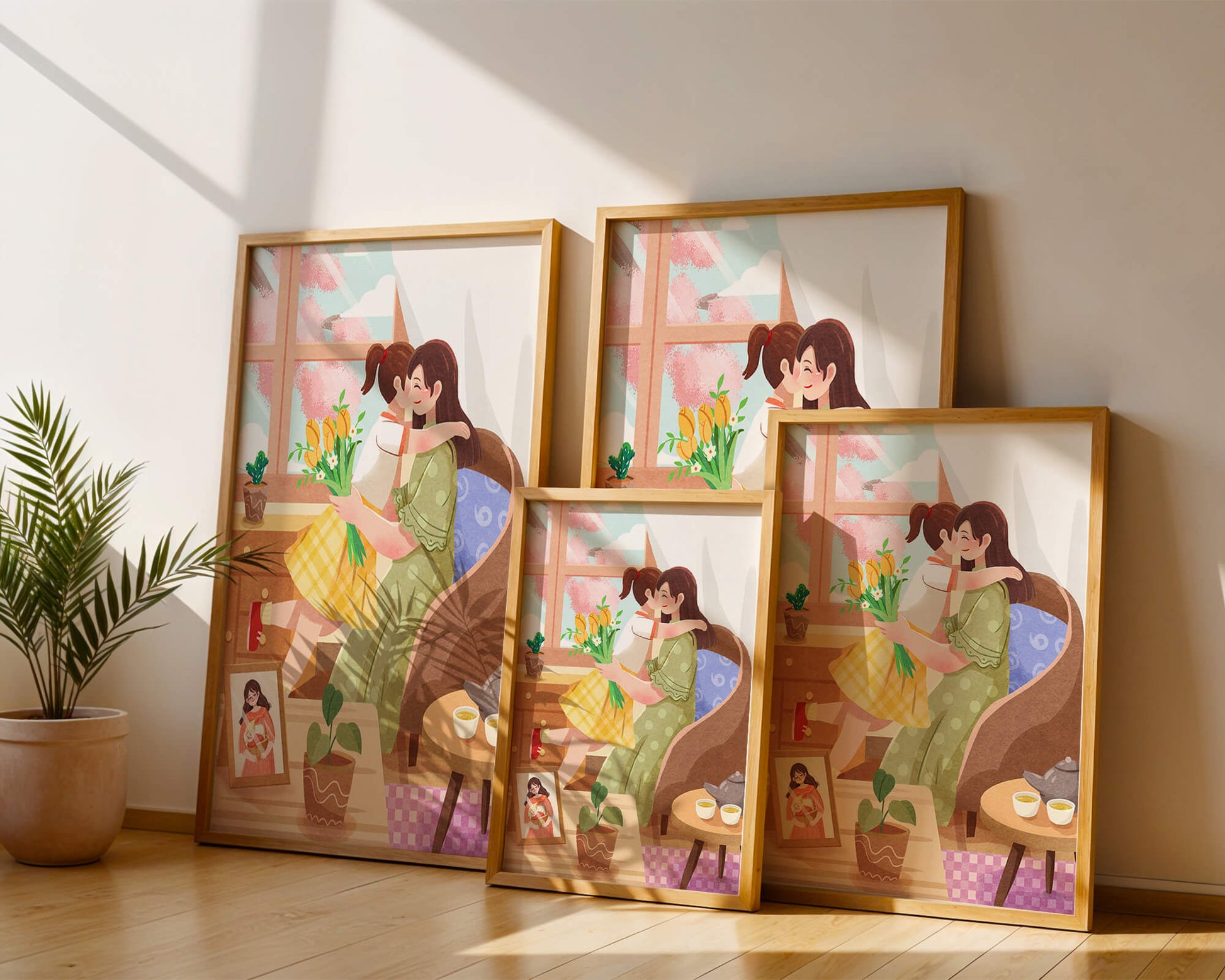 Cozy living room scene with mother and daughter hugging near window