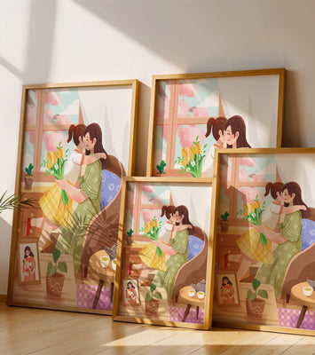 Cozy living room scene with mother and daughter hugging near window