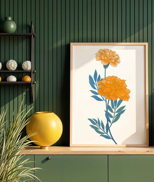 Elegante Illustration lebendiger Ringelblumen auf grünem Hintergrund