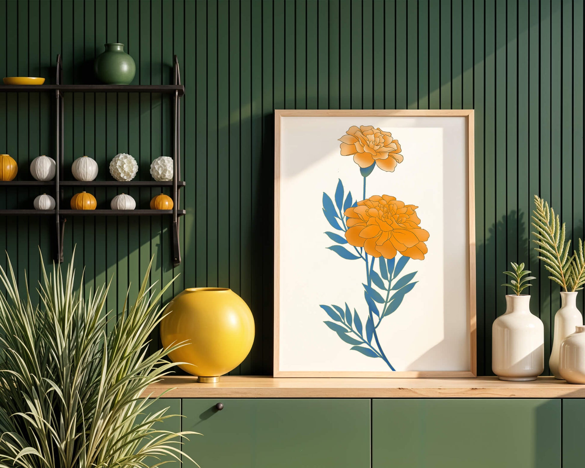 Elegante Illustration lebendiger Ringelblumen auf grünem Hintergrund