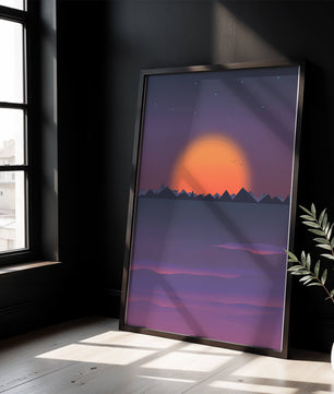 Sunset Over Mountains with Starry Sky