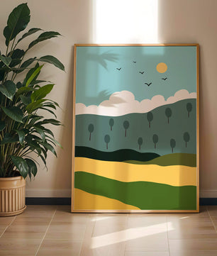 Minimalist Landscape with Hills and Sun