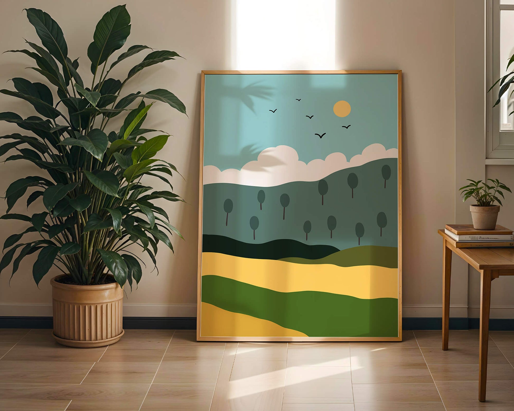 Minimalist Landscape with Hills and Sun