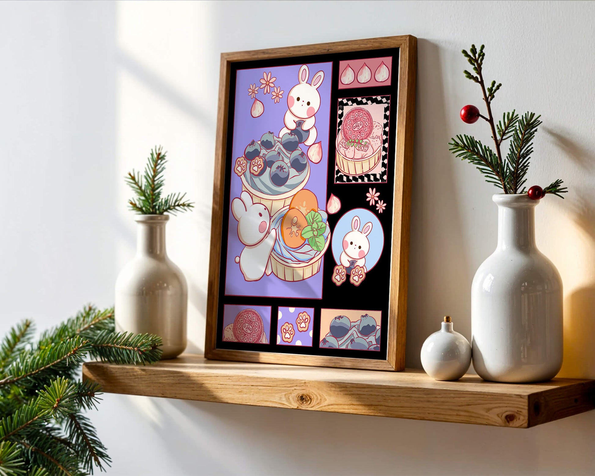 Conejos de dibujos animados encantadores con postres y arándanos