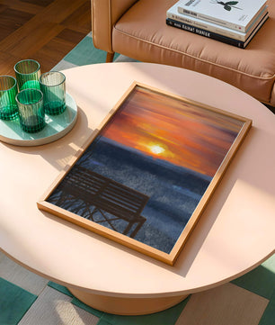 Serene Sunset Overlooking the Ocean with a Wooden Bench