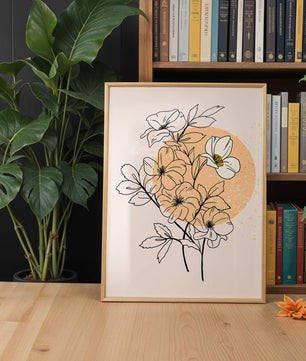 Ilustración floral minimalista con tonos pastel y fondos abstractos