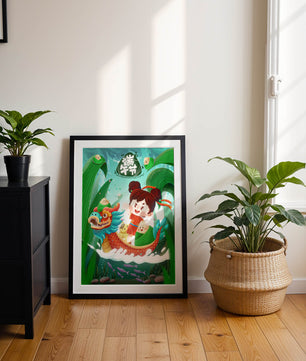 Illustration de la fête des bateaux-dragons avec un enfant et un bateau-dragon