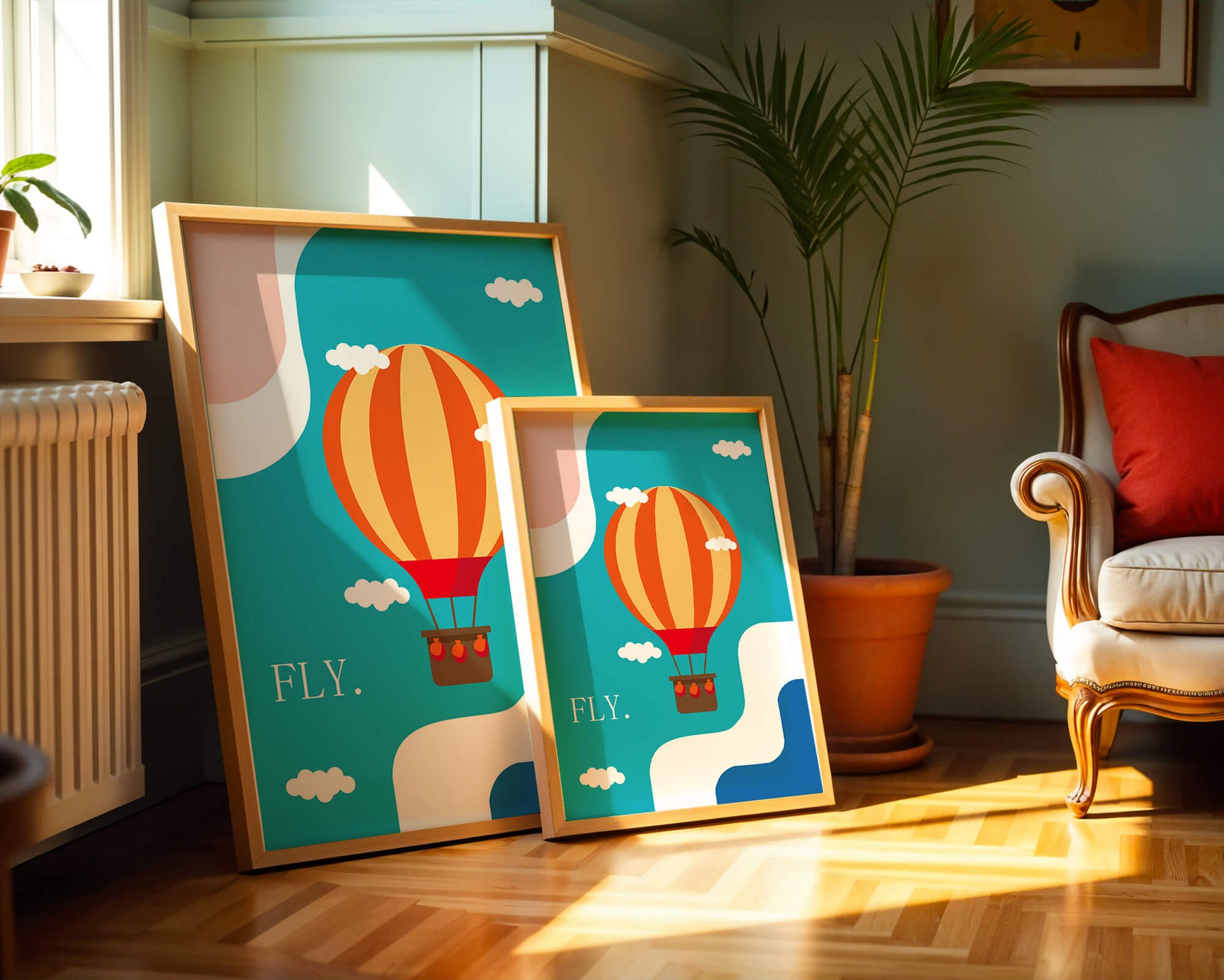 Bunte Heißluftballon-Illustration mit Wolken und abstrakten Formen