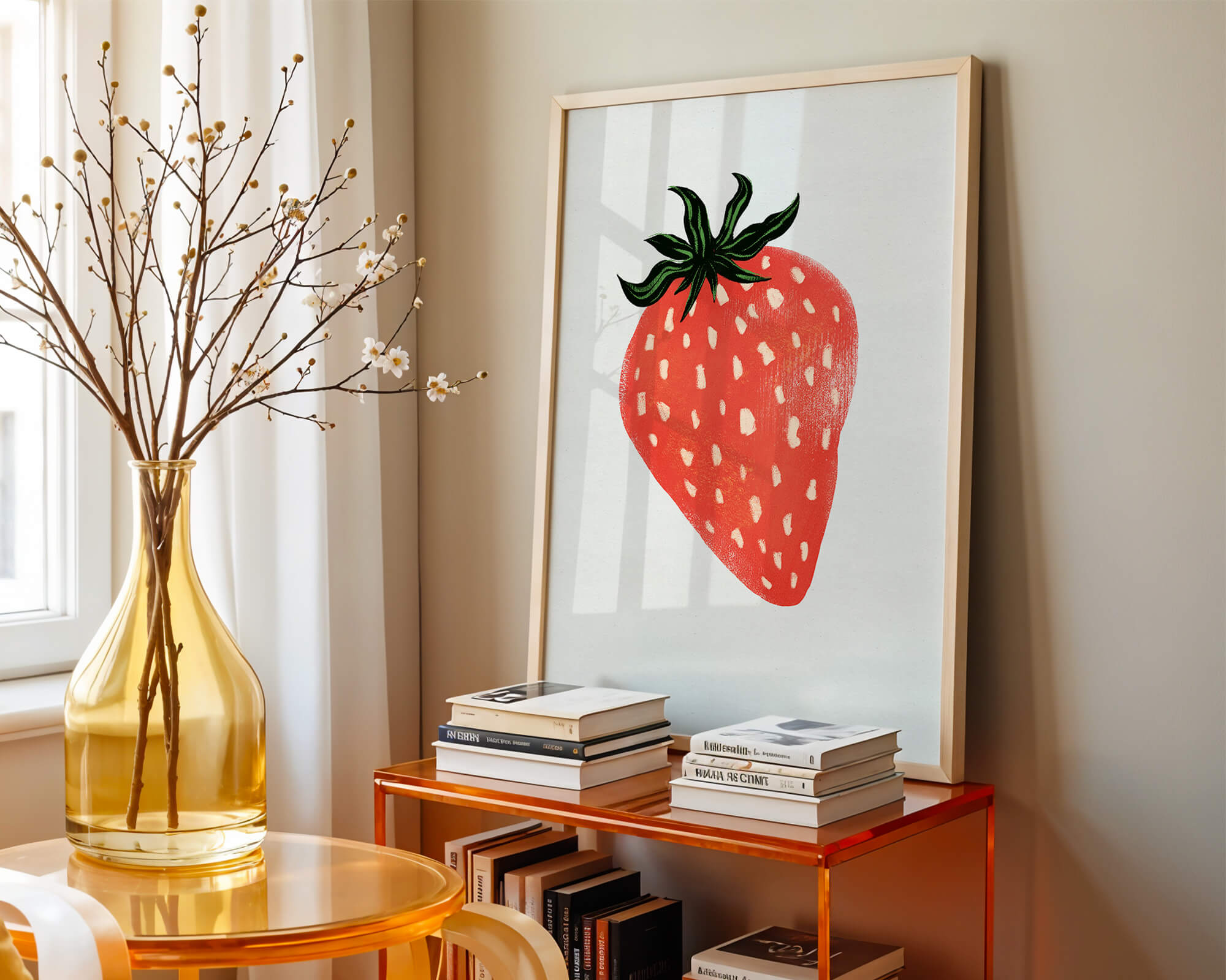 Illustrative design of a vibrant red strawberry with green leaves