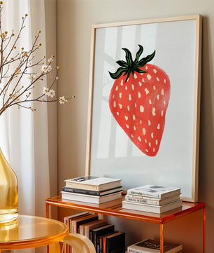 Illustrative design of a vibrant red strawberry with green leaves