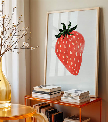 Illustrative design of a vibrant red strawberry with green leaves