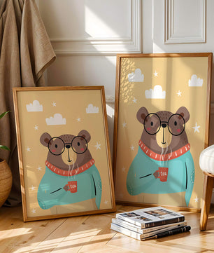 Illustration of a bear with glasses holding a tea cup against a starry background