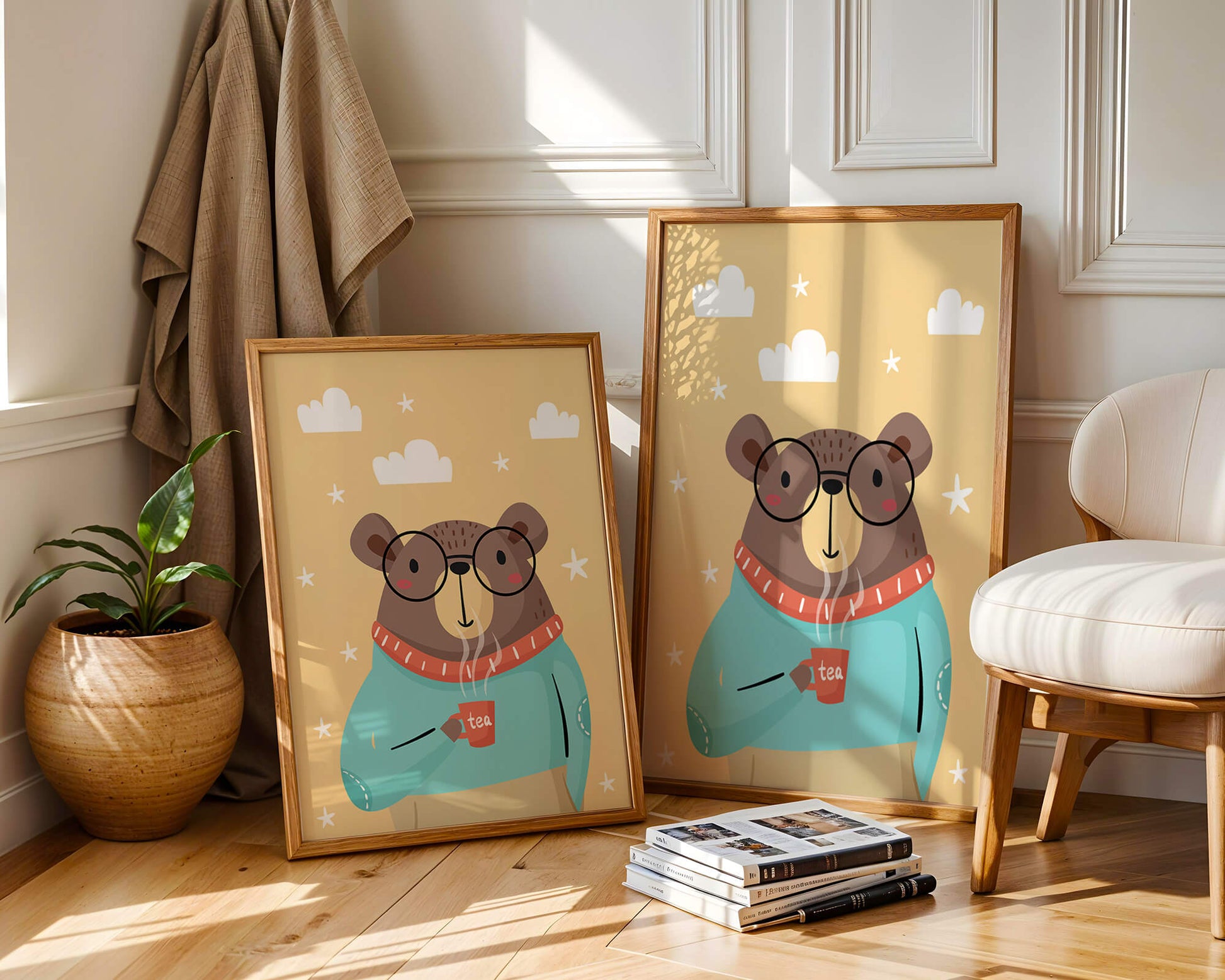 Illustration of a bear with glasses holding a tea cup against a starry background