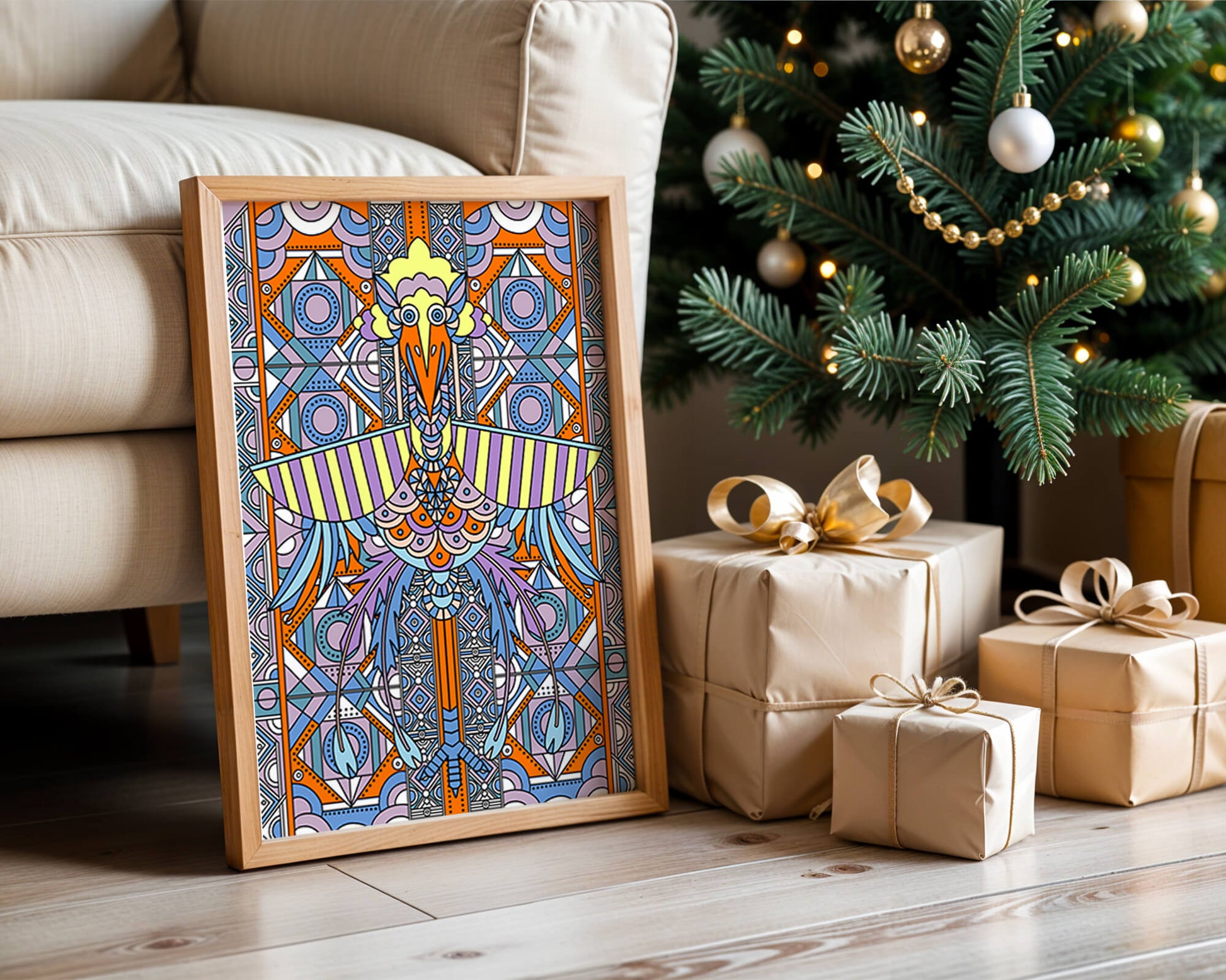 Arte geométrico de aves con patrones coloridos y detalles intrincados