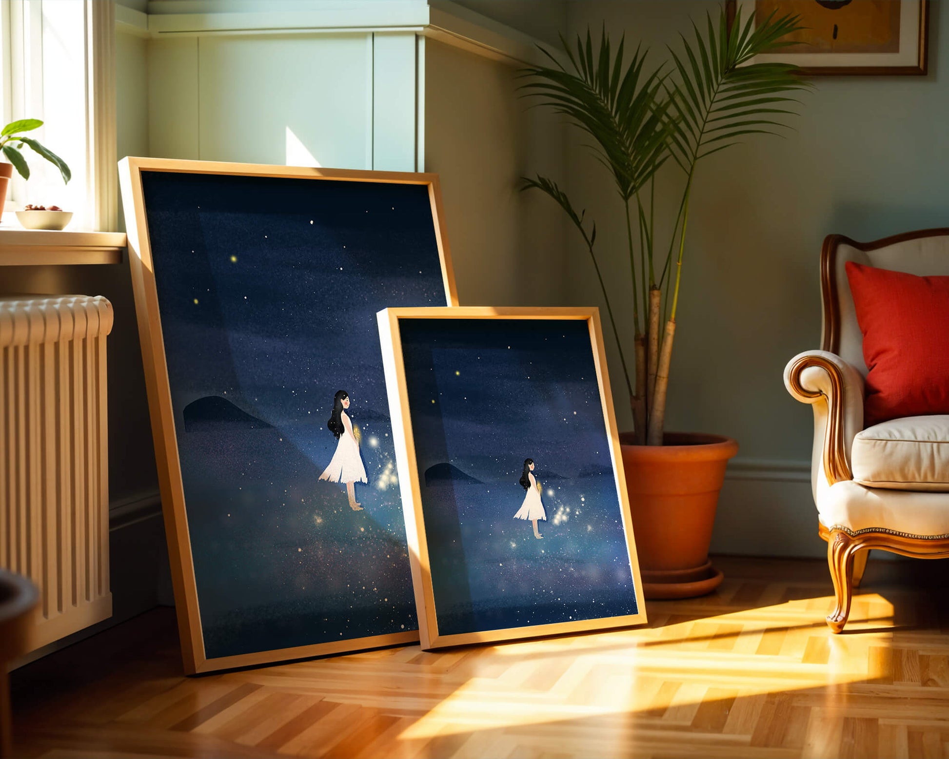 Girl in White Dress Gazing at Starry Night Sky