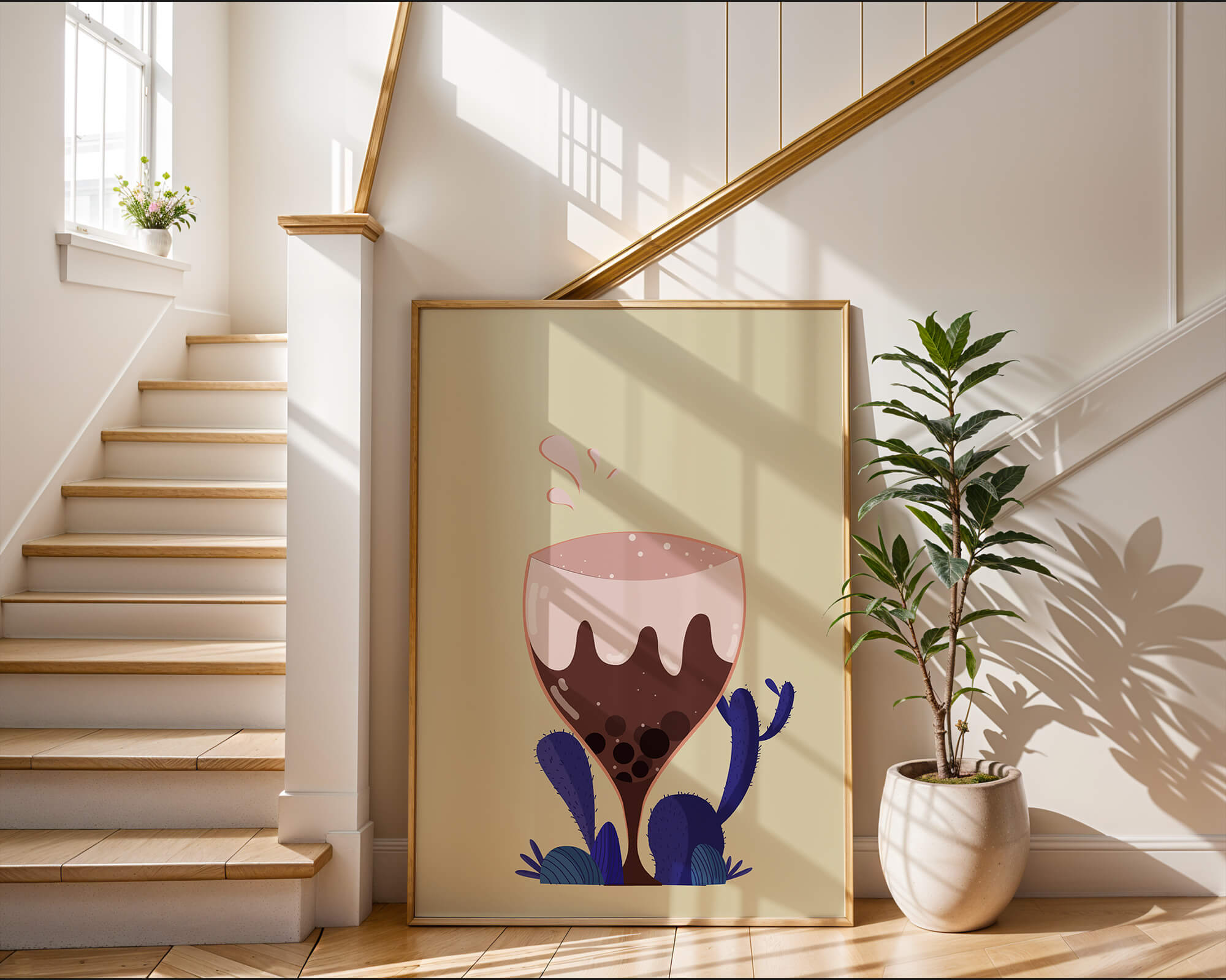 Illustration of a whimsical wine glass with liquid splash and purple plants
