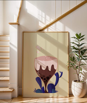 Illustration eines skurrilen Weinglases mit Flüssigkeitsspritzern und violetten Pflanzen