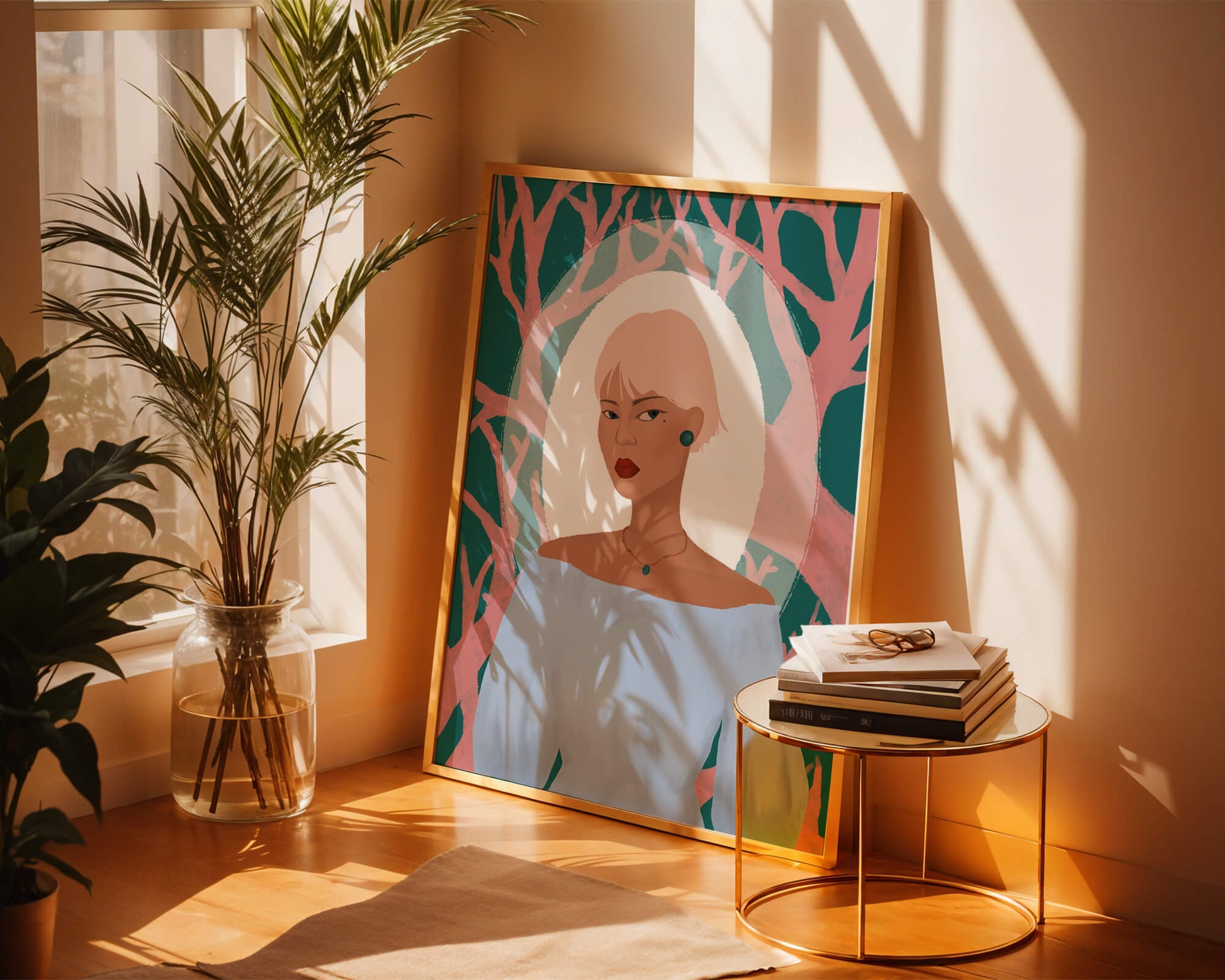 Illustration einer Frau mit einem pastellfarbenen Hintergrund aus abstrakten Bäumen